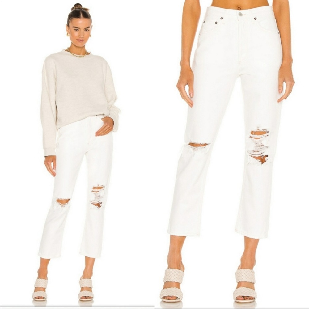 Agolde Riley High Rise Straight Leg Crop Jean in Veil White Distressed 26